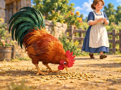 Rooster pecking scattered barley while woman carries pearl safely.