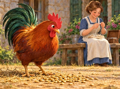 Rooster beside barley, woman repairing necklace in background.