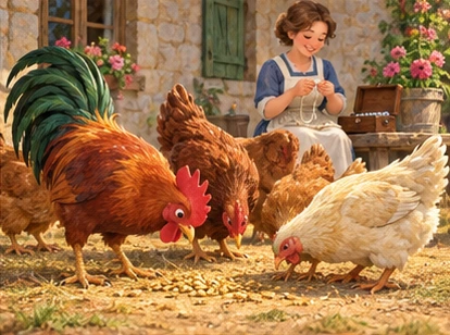 Rooster and hens eating while woman repairs necklace on bench.