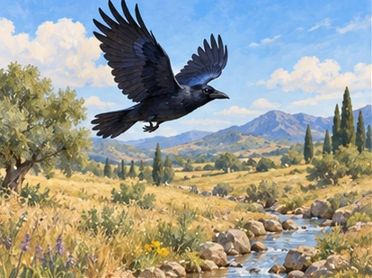 Black crow flying above a dry meadow and narrow stream.