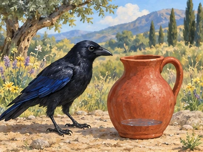 Crow beside intact red clay pitcher, low water visible inside.