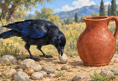 Crow holding one small pale pebble beside pitcher in shade.