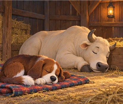 Dog sleeping on blanket while ox rests beside filled manger.