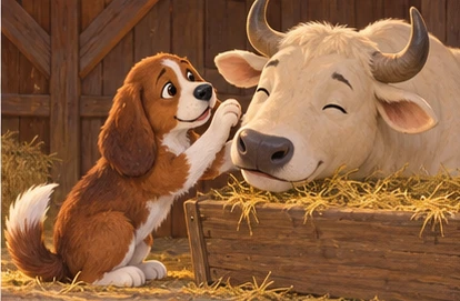 Dog apologising beside relaxed ox eating from manger.