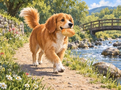 Golden dog carrying one bread roll along stream path.