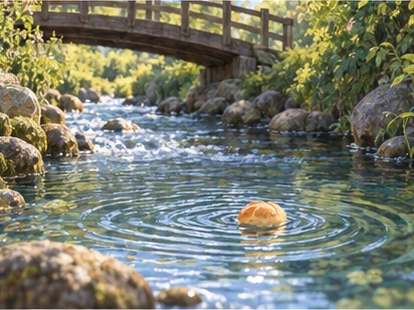 Ripples breaking reflection as bread roll floats downstream.