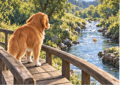 Dog remaining safely on bridge watching distant floating roll.