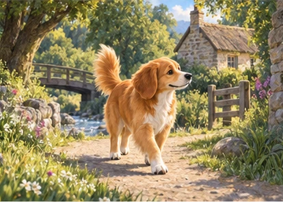 Dog thoughtfully walking home from stream bridge.
