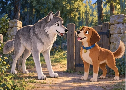 Healthy grey wolf greeting brown dog with blue collar near gate.