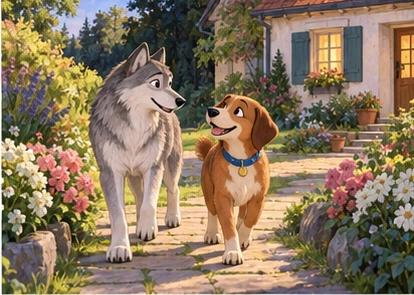 Wolf and dog walking toward farmhouse along garden path.