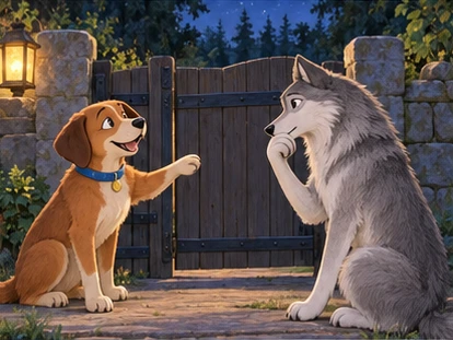 Dog explaining closed night gate to thoughtful wolf.