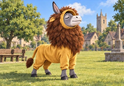 Costumed donkey proudly raising head in empty village green.