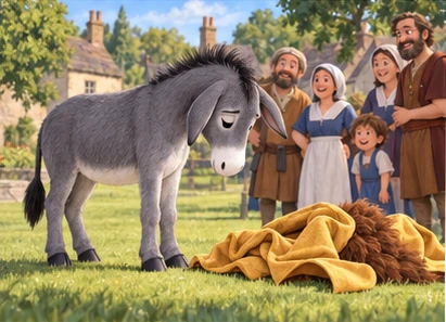 Donkey removing fabric costume safely and apologising to villagers.