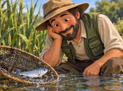 A fisher listens to a small fish beside the water.