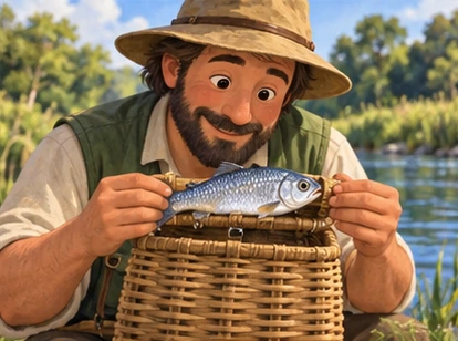 A fisher compares a small fish with a measuring mark on a basket.