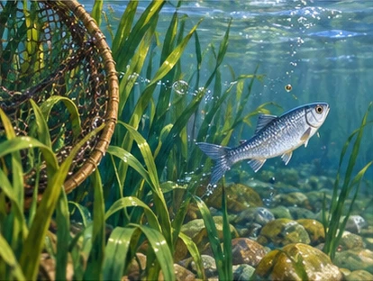 Small silver fish swimming safely from submerged net among reeds.
