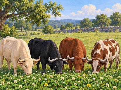 Four distinct oxen grazing together in broad meadow.