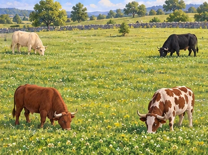 Four oxen separated across meadow corners, all unharmed.