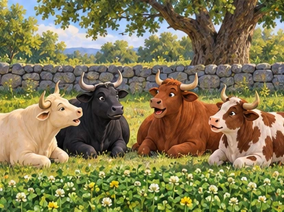 Four oxen calmly discussing clover patch together.