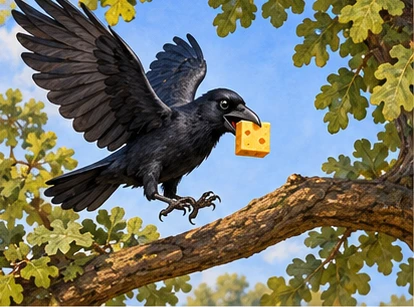 Black crow carrying cheese square onto sturdy oak branch.