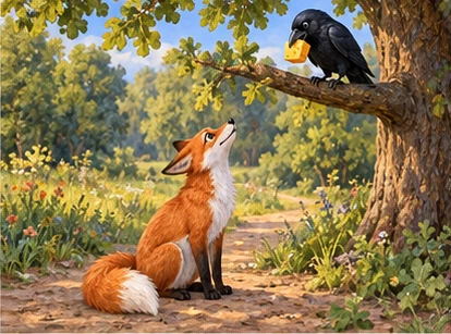 Fox sitting beneath crow, eyes directed toward cheese.