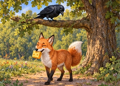 Fox holding fallen cheese beneath oak, crow looking down.