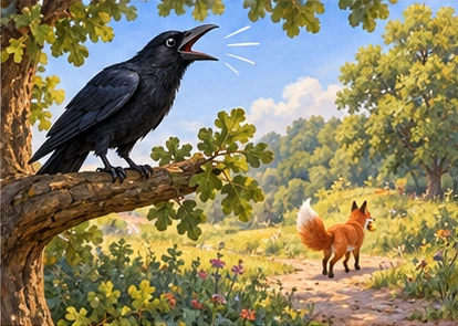 Crow calmly cawing on stable branch, distant departing fox.