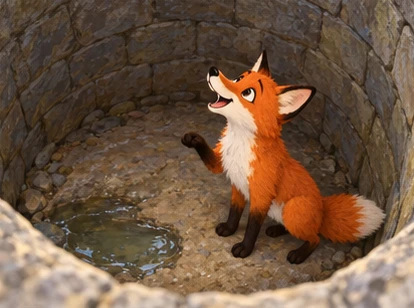 Fox speaking upward to goat from low-water well bottom.