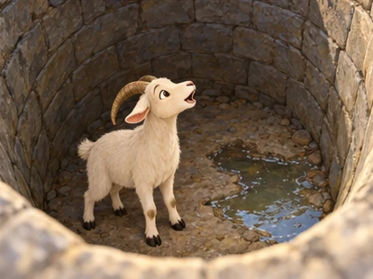 Goat calling toward departing fox, safe low water at feet.