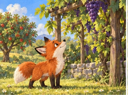 Orange fox looking up at purple grapes on tall wooden trellis.