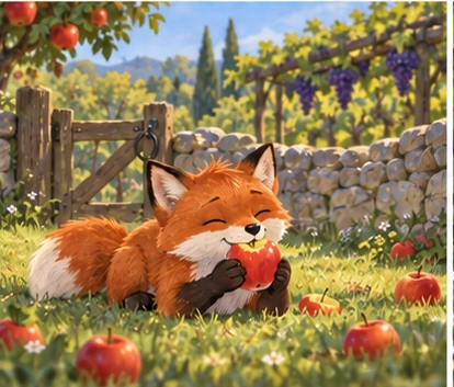 Fox eating fallen apple calmly near orchard gate.