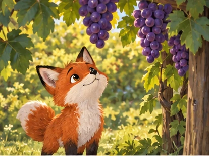 Fox beneath grape bunch shaded by leaves.