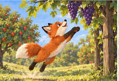 A fox jumps toward the grapes above the grass.
