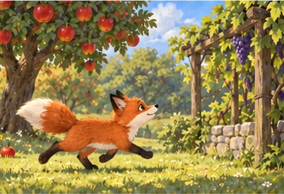 Fox running from apple tree toward tall trellis.