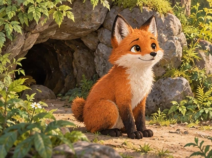 Healthy short-tailed orange fox sitting peacefully near den, no injury.
