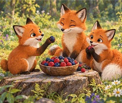 Short-tailed fox sharing berries with full-tailed friends.