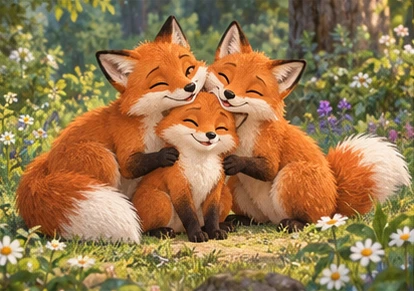 Fox friends welcoming short-tailed fox in clearing.