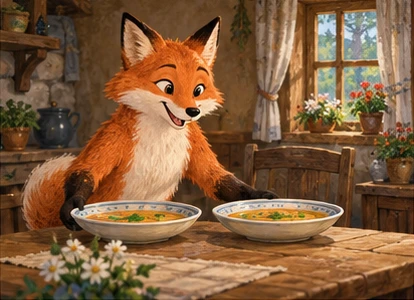 Fox serving soup in two shallow bowls on table.