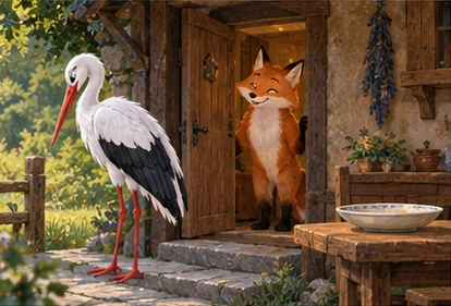 Stork leaving politely while fox beside empty shallow bowl.