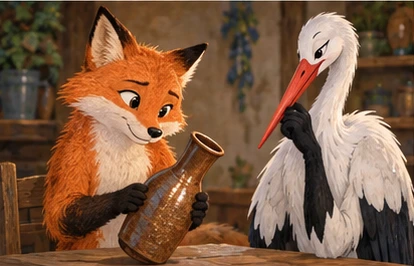Fox examining narrow jar, thoughtful stork beside her.