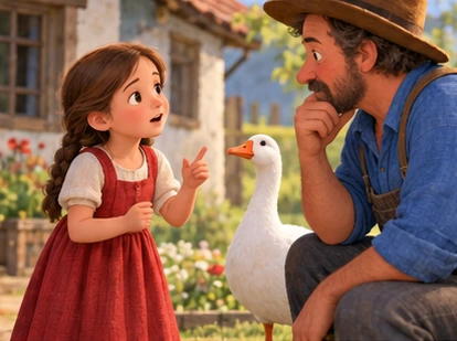 Daughter speaking seriously to farmer beside goose.