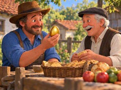 Farmer holding one golden egg while sharing food with neighbour.
