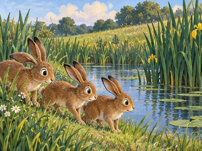 Hares approaching quiet pond lined with reeds.