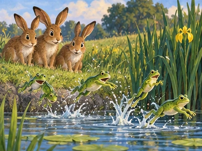 Green frogs jumping into pond as hares stop on bank.