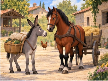 Donkey meeting humble horse beside light farm cart.