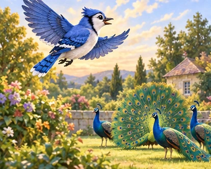 Jay flying home with natural blue wings, feather display below.