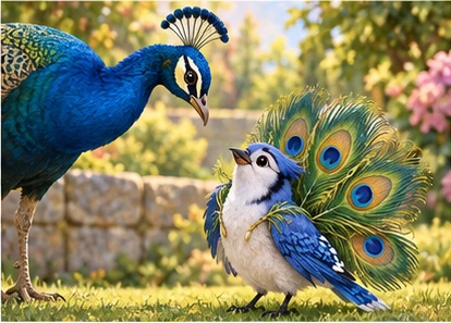 Peacock gently addressing jay with borrowed feathers.