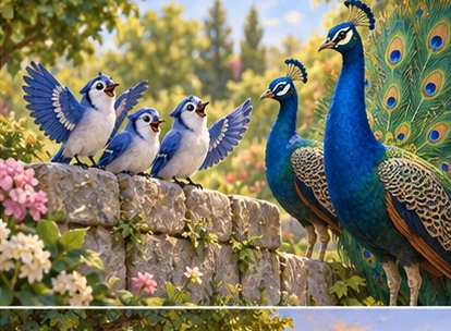 Peacocks and jays admiring honest feather display on low wall.