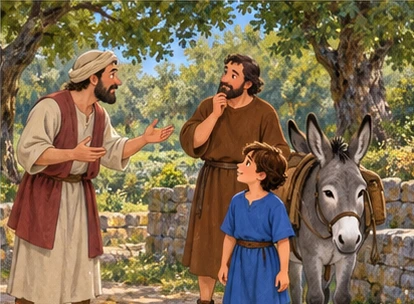 Passerby gesturing while boy and father consider donkey safely resting.