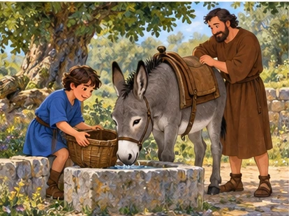 Boy offering donkey water, father checking simple saddle.